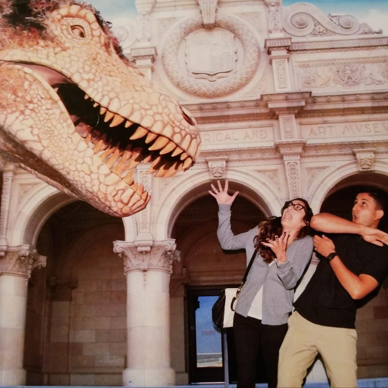 Runnin away from a T-Rex.