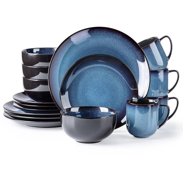 LERATIO Ceramic Dinnerware Sets for 4,16-Piece Reactive Glaze Plates and Bowls Set with Mugs,Highly Chip and Crack Resistant | Dishwasher,Microwave & Oven Safe Dishes set-Blue