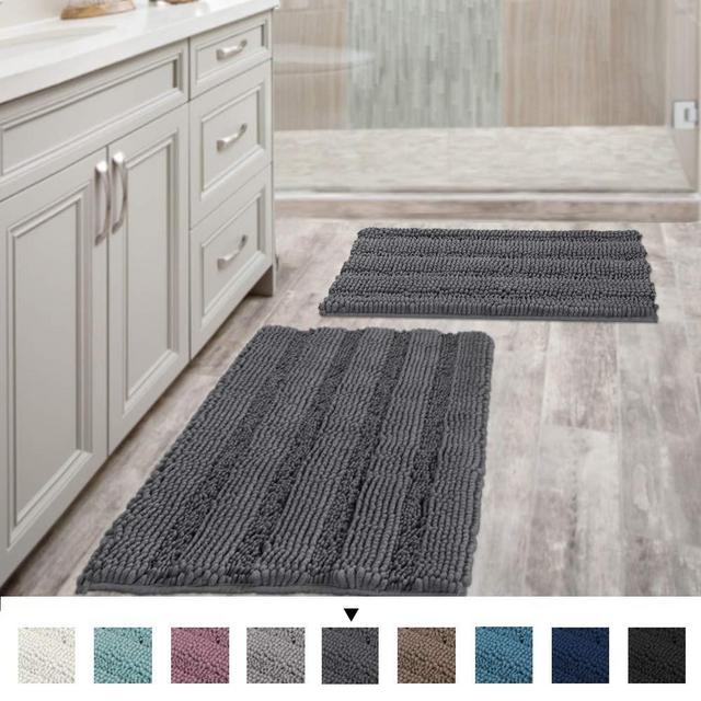 Grey Bath Mats for Bathroom Non Slip Ultra Thick and Soft Chenille Plush Striped Floor Mats Bath Rugs Set, Microfiber Door Mats for Kitchen/Living Room (Pack 2-20" x 32"/17" x 24")