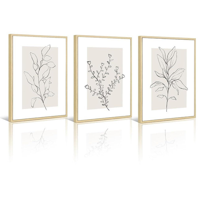 Neutral Botanical Prints Wall Art Decor Plant Minimalist Canvas Pictures Vintage Beige Wall Art Modern Farmhouse Line Poster Boho Abstract Painting Artwork for Bedroom 16x24 Inch Framed Set of 3