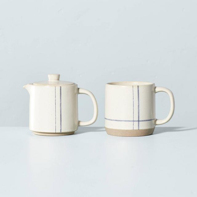 Engineered Stripe Stoneware Coffee Pot & Mug Set Blue/Sour Cream - Hearth & Hand™ with Magnolia