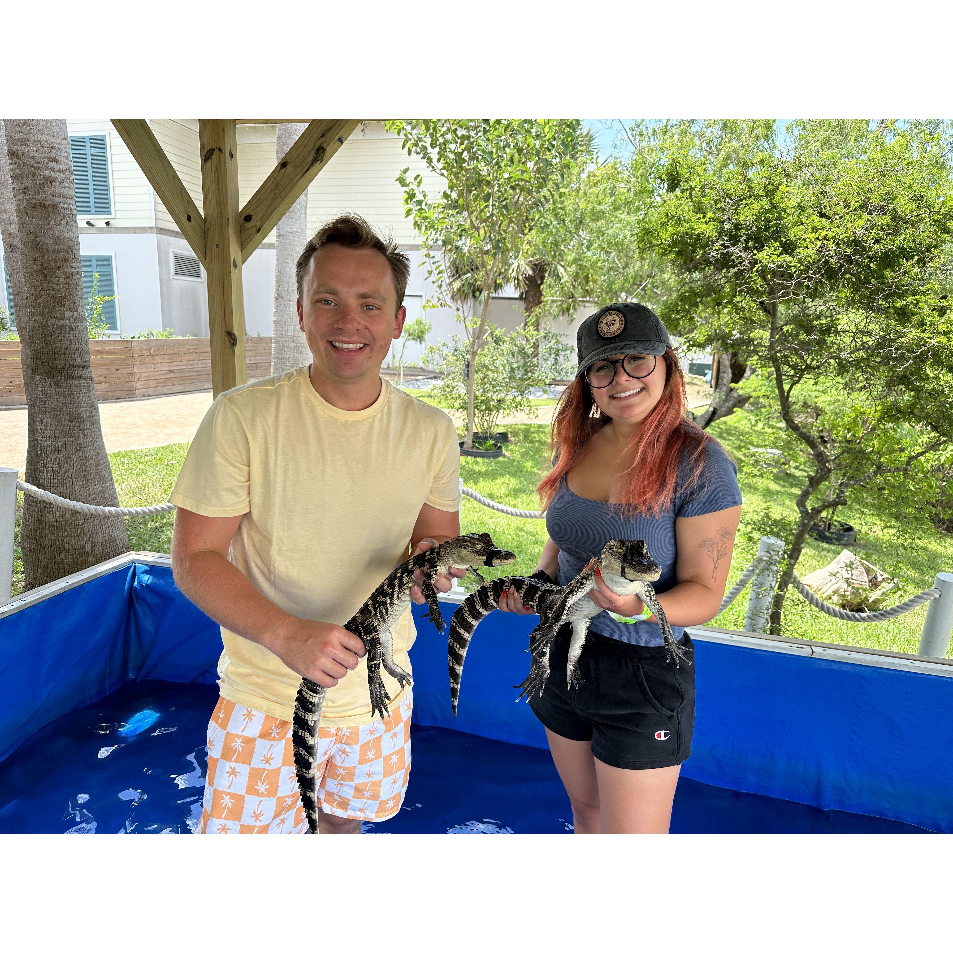 Nick was scared shitless... he hates alligators/crocodiles... Liz made him do it... the fee went towards a donation to the estuary in South Texas ... ahahaha