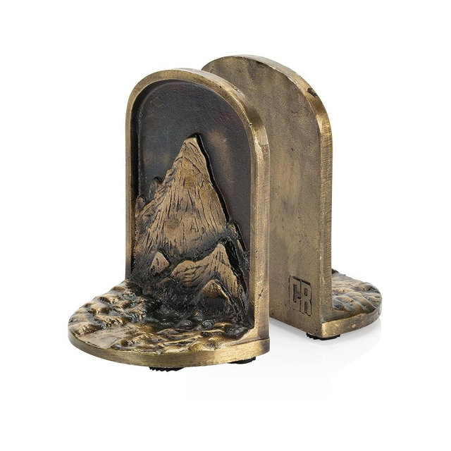 CRAFTSMAN ROAD Mountain Bookends Set, Antique Brass Book Ends, 2 Decorative Bookends for Shelves or Bookcase, Cast Iron Bookends, Stylish Brass Bookends, Non-Skid Anti-Slip Heavy Duty Bookends