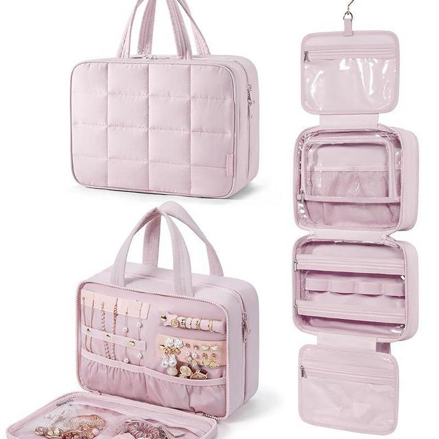 BAGSMART Travel Toiletry Bag with Jewelry Organizer, Hanging Travel Bag for Toiletries, Puffy Makeup Cosmetic Bag Organizer, Carry-on Travel Accessories Essentials, Pink-L