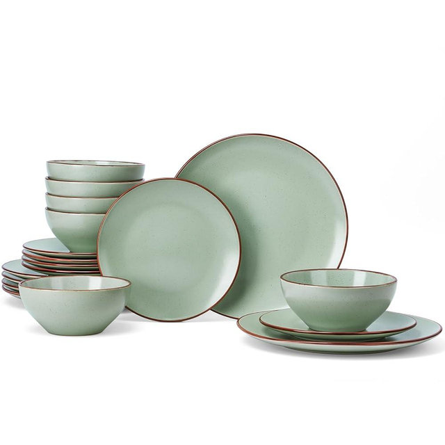 Famiware Venus Ceramic Plates and Bowls Sets, Speckled Dinnerware Dish Sets for 6 (18 Pieces) - Microwave and Dishwasher Safe, Matte Light Green