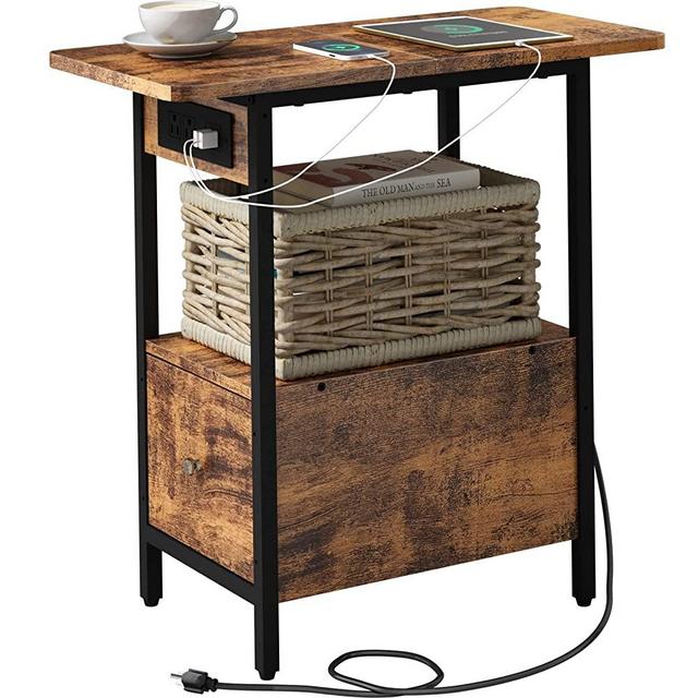 LIDYUK End Table with Charging Station, Narrow Side Table with Drawer and USB Ports & Power Outlets, Nightstand Bedside Tables for Small Spaces, Bedroom, Living Room, Brown