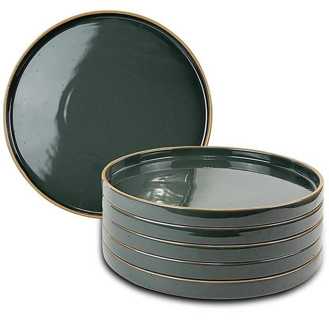 Mora Ceramic Flat Dinner Plates Set of 6, 10.5 in High Edge Dish Set - Microwave, Oven, and Dishwasher Safe, Scratch Resistant, Modern Dinnerware- Kitchen Porcelain Serving Dishes - Charcoal