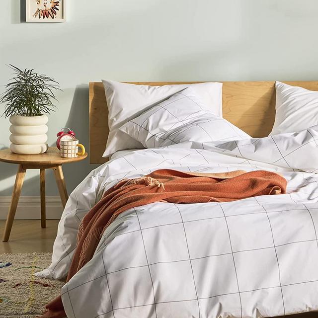 Brooklinen Luxury Percale Duvet Cover for Full/Queen Size Bed, Windowpane (Extra-Long Corner Ties and Button Closure)