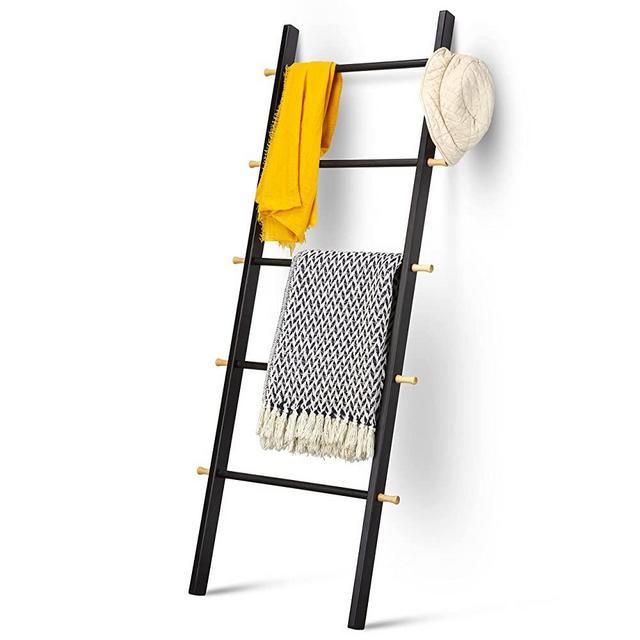 5 Ft Wooden Blanket Ladder - Quilt Ladder for Bedroom | Wood Ladder Decor | Decorative Ladder for Blankets - Easy to Assemble | Wooden Ladder for Blankets | Farmhouse Ladder Blanket Holder (Black)