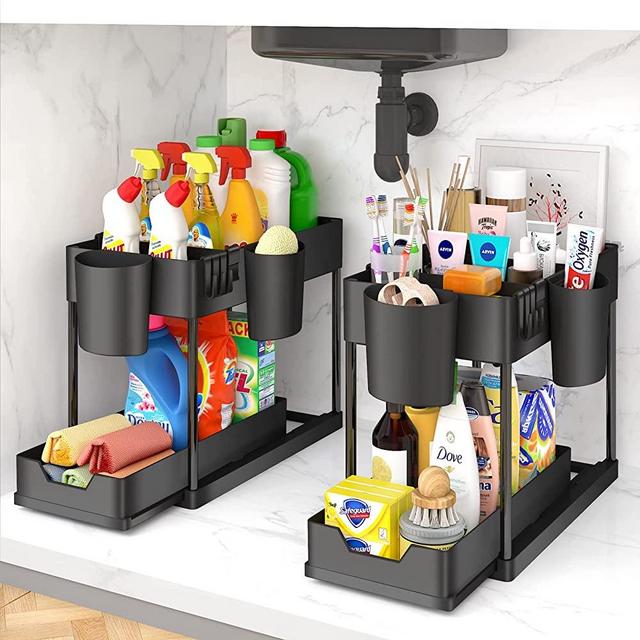 Under Sink Organizers 2 Pack, 2 Tier Sliding Under Bathroom Cabinet Storage Drawer Organizer with Hooks, Hanging Cup, Dividers for Bathroom, Kitchen Multi-Purpose, Under Sink Organizers and Storage