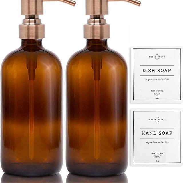 Vine Creations Amber Glass Soap Dispenser 2 Pack, Thick 16oz Bottles Rustproof Stainless Steel Pump, Modern Farmhouse Vintage Jar, Bathroom Kitchen Accessories, with Waterproof Labels (Copper)