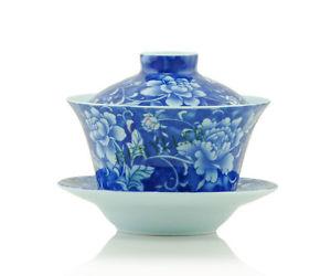 Blue Peony Fine Porcelain Gongfu Gaiwan Teacup with Lid & Saucer 200ml 6.7 fl.oz