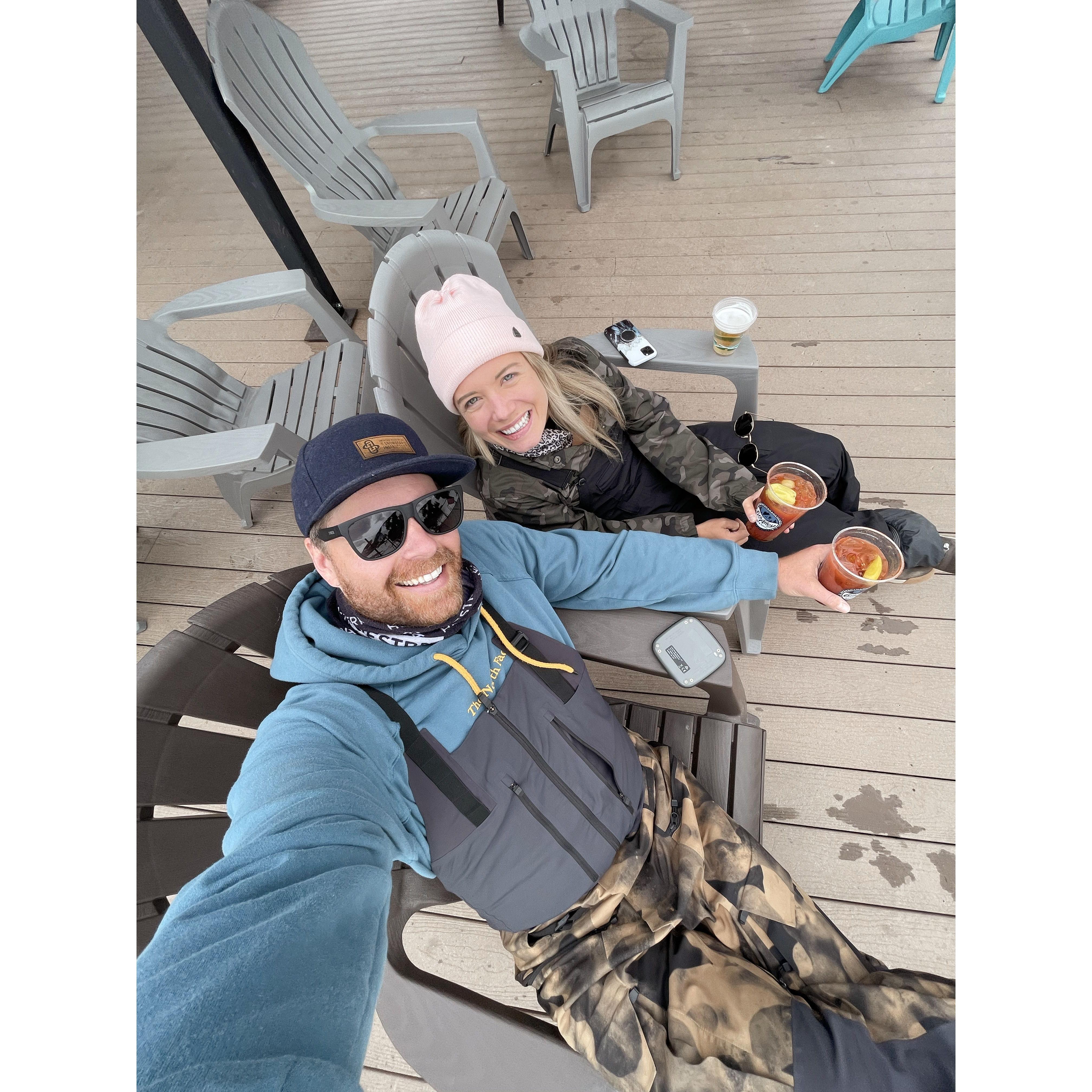 Legendary A-Basin bloodies on the deck after our first ski date.