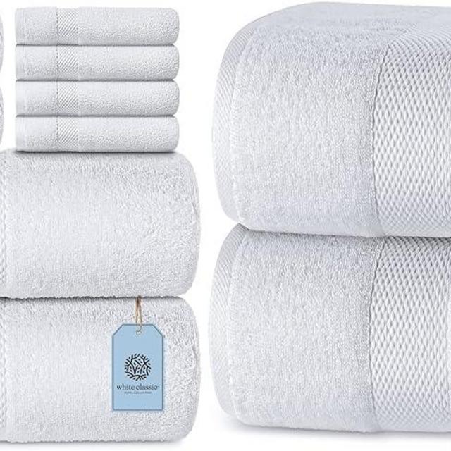 White Classic Luxury Cotton 8 Piece Towel Set and 2 Pack Bath Sheets Bundle