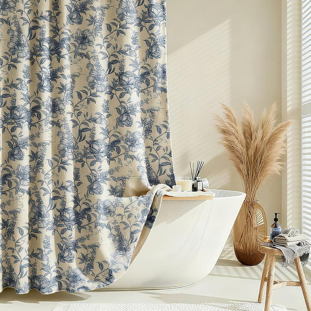 Blgiont Farmhouse Blue Floral Shower Curtain with 12 Clear Rings, Fabric Faux Linen Shower Curtain Set, Vintage Cottagecore Shower Curtain for Bathroom 72" W x 72" L