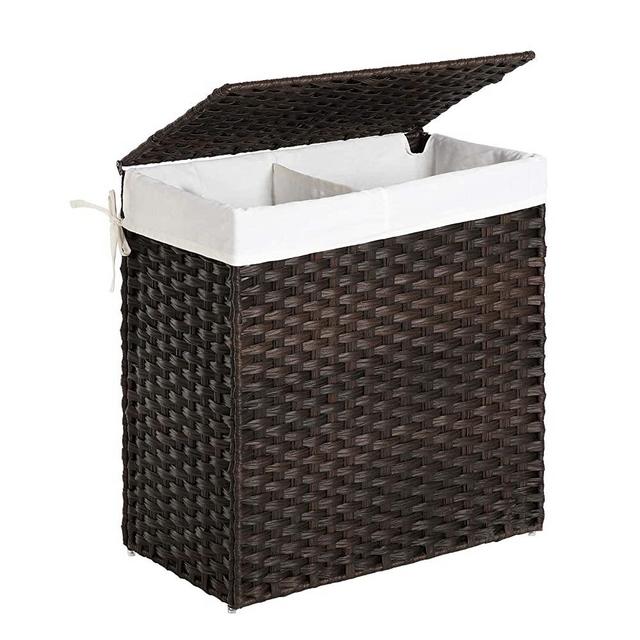 SONGMICS Divided Laundry Hamper, Handwoven Laundry Basket, Synthetic Rattan Clothes Hamper with Removable Liner Bag, Brown ULCB052K02