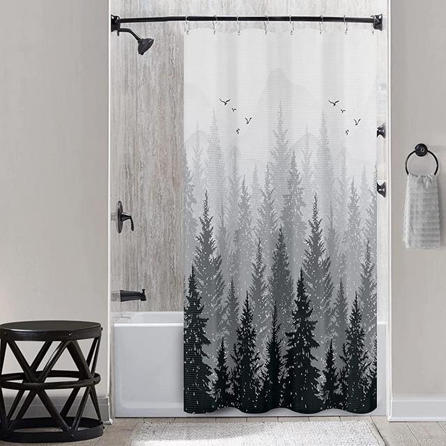 Black Shower Curtain Mountain Forest Nature Tree Small Shower Curtains for Bathroom Water Repellent Waffle Fabric Shower Curtain Bathtubs Hotel, 54 x 72 inch, Black