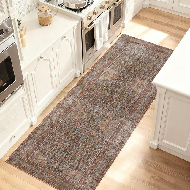Kuden 2'6"x7' Runner Rug, Machine Washable Area Rug with Non-Slip Backing, Vintage Style, Soft, Easy Clean, Low Pile Rug for Hallway, Entryway, Kitchen, Bedroom