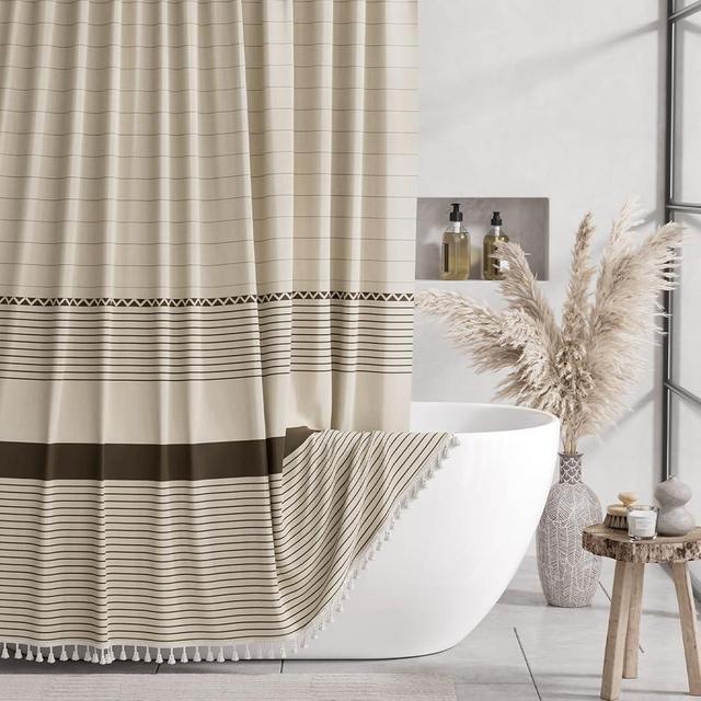 AmazerBath Farmhouse Shower Curtain, Striped Shower Curtain Linen Shower Curtain Boho Shower Curtain Rustic Tassel Shower Curtain Set with 12 Upgraded Clear Hooks for Bathroom, 72"x72", Brown