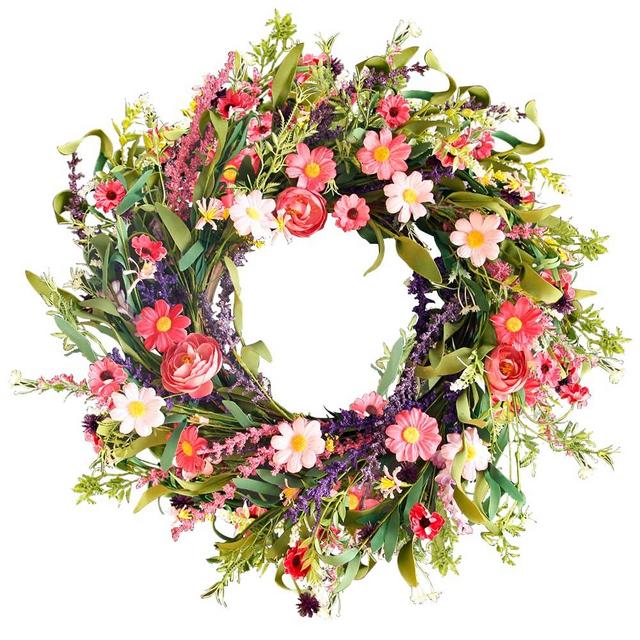 Qingbei Rina Spring Summer Wreaths for Front Door, 24 Inch Floral Wreath for Decorating with Daisy and Lavender, Weatherproof Outdoor Wreaths, Home Windows Wall Farmhouse Wedding Decor