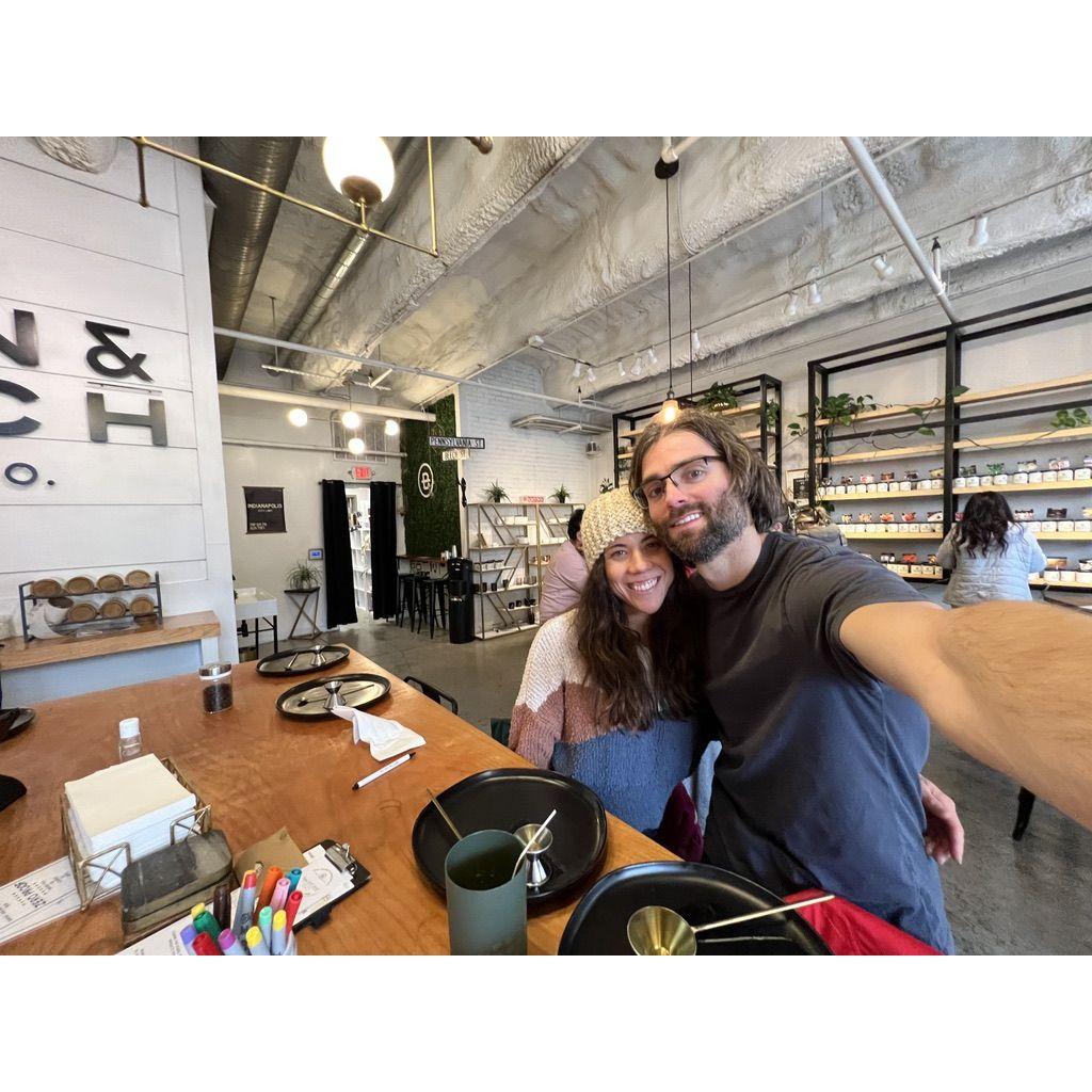 Our first picture together. Tyler took Karina on a date to make candles at Penn and Beech