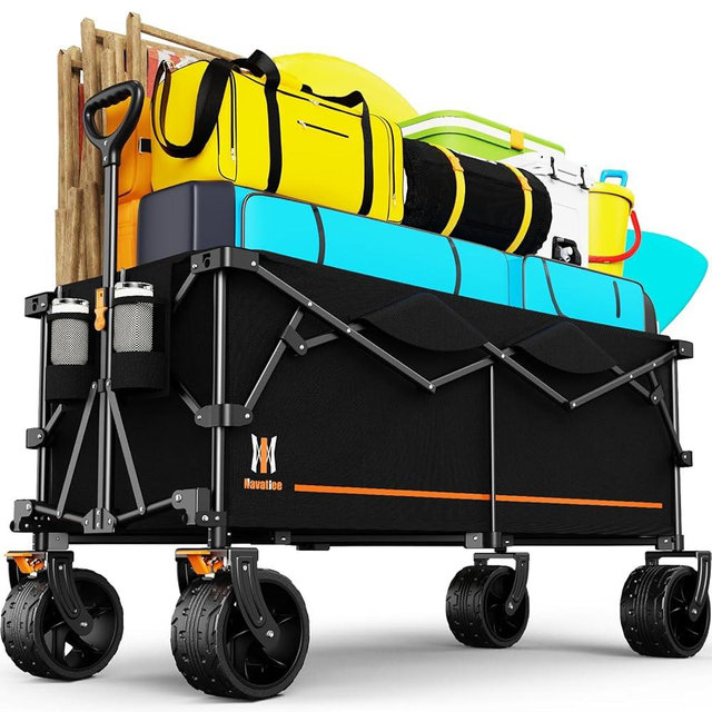 Navatiee 48" L Collapsible Extended Wagon, 440Lbs Heavy Duty Wagons Carts Foldable, 300L Extra Large Beach Wagon with Big All-Terrain Wheels for Sand, Folding Utility Garden Cart for Outdoor, Black