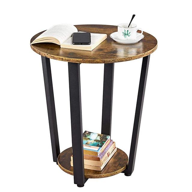 YAHEETECH Industrial End Table, 2 Tier Round Side Accent Table with Storage Shelf, Round Sofa Table with Sturdy Metal Frame, Sofa Couch Table for Small Space, Easy Assembly, Rustic Brown