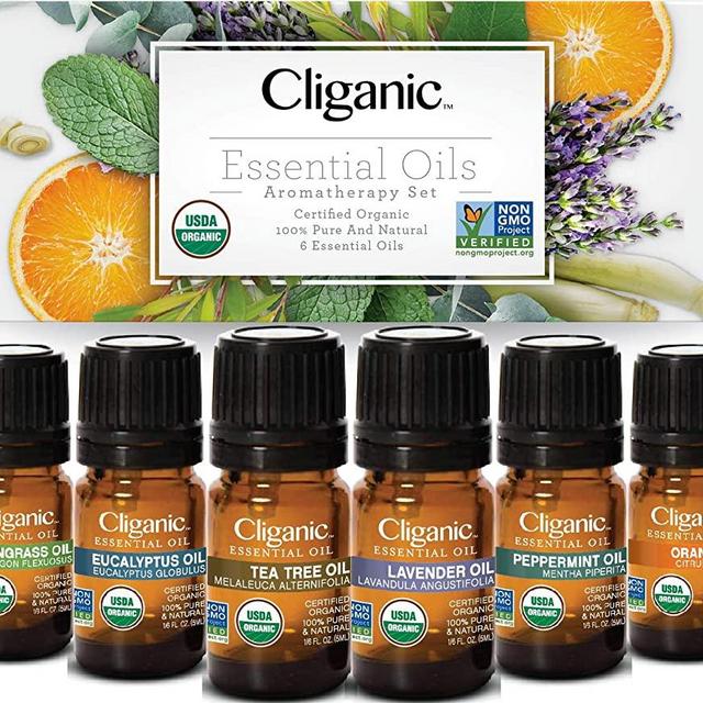 Cliganic USDA Organic Aromatherapy Essential Oils Set (Top 6), 100% Pure Natural - Peppermint, Lavender, Eucalyptus, Tea Tree, Lemongrass & Orange | Cliganic 90 Days Warranty