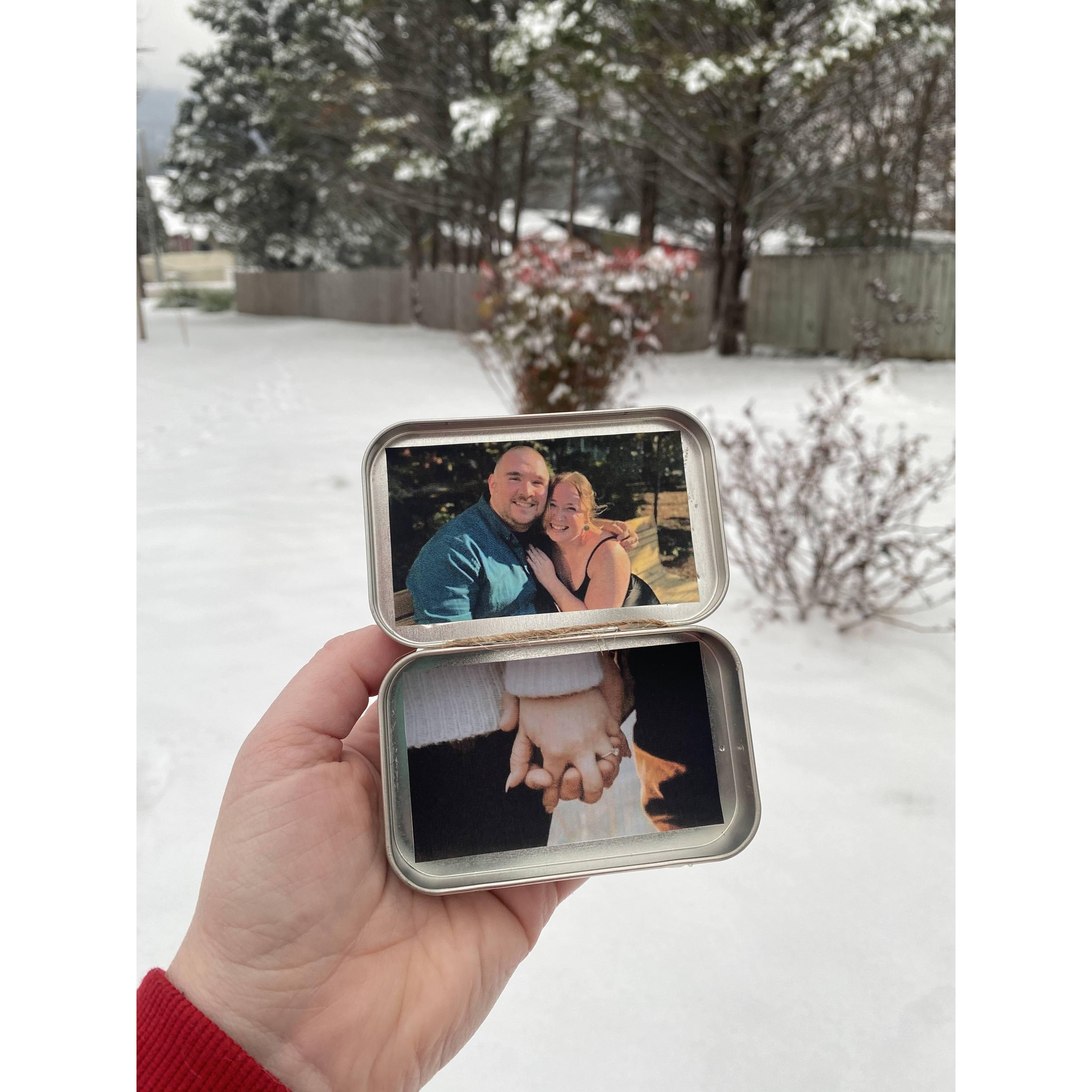 Our first ornament together. Made from the original altoid's tin that Tim proposed with