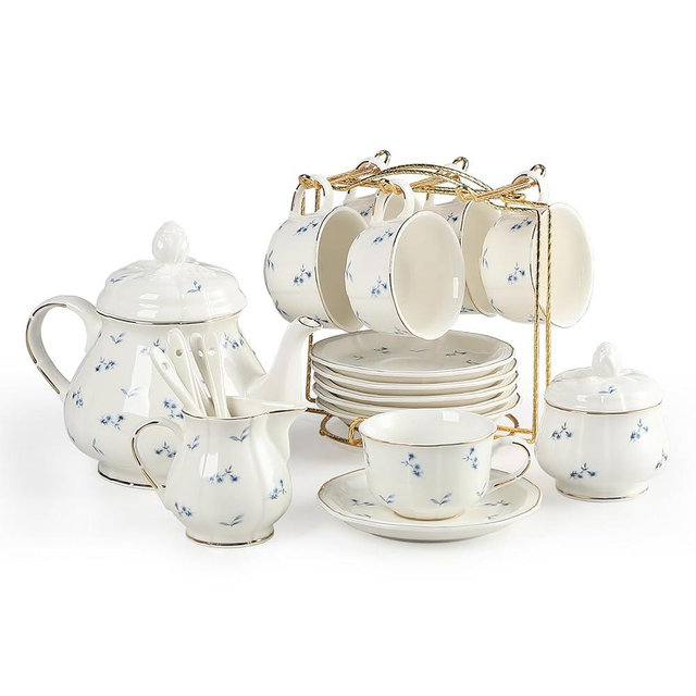 Sweejar 23 Pcs Floral Tea Sets with Metal Holder, Relief Gold Rim Porcelain Tea Sets for Adults, Cup and Saucer Set for 6, with Teapot, Sugar Bowl, Milk Jug, Spoons (Blue Flower)