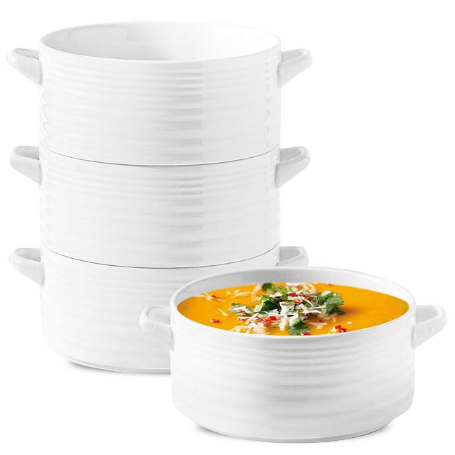 TEAKISS 20oz Ceramic French Onion Stackable Soup Bowls, Set of 4 with Horizontal Stripes and Double Handles, White Porcelain Serving Crocks for Chilli, Cereal, or Salad, Oven and Microwave Safe