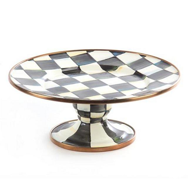 MacKenzie-Childs Stainless Steel Round, Food Serving Platter - White Mini Platter with Pedestal for Catering Courtly Check Enamel Print