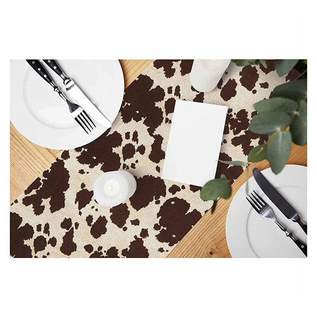 HOSNYE Table Runner Vintage Brown Cowhide Spots,Cotton Linen Table Runner Decoration for Kitchen Family Dinner Table Holiday Party Farmhouse Style 13 x 72 Inch