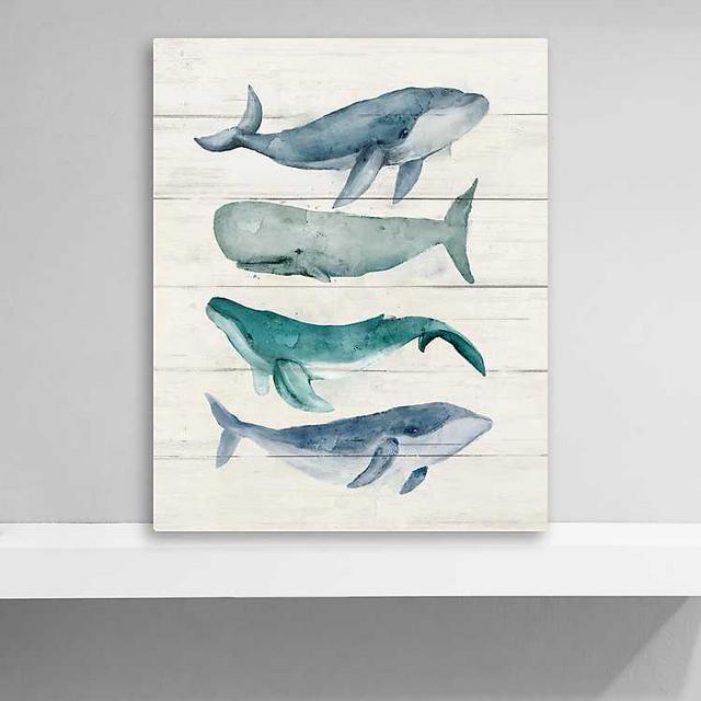 New! Whales On Wood Giclee Canvas Art Print