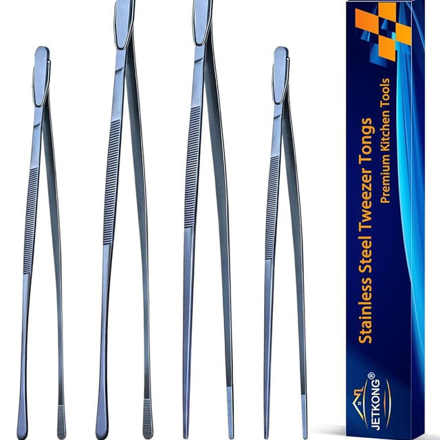 JETKONG 4 Pcs Kitchen Tweezers, 12'' and 10'' Stainless Steel Cooking Tweezers Set, High-Precision Tweezers Tongs for Cooking, Repairing, Seafood and BBQ (Blue)