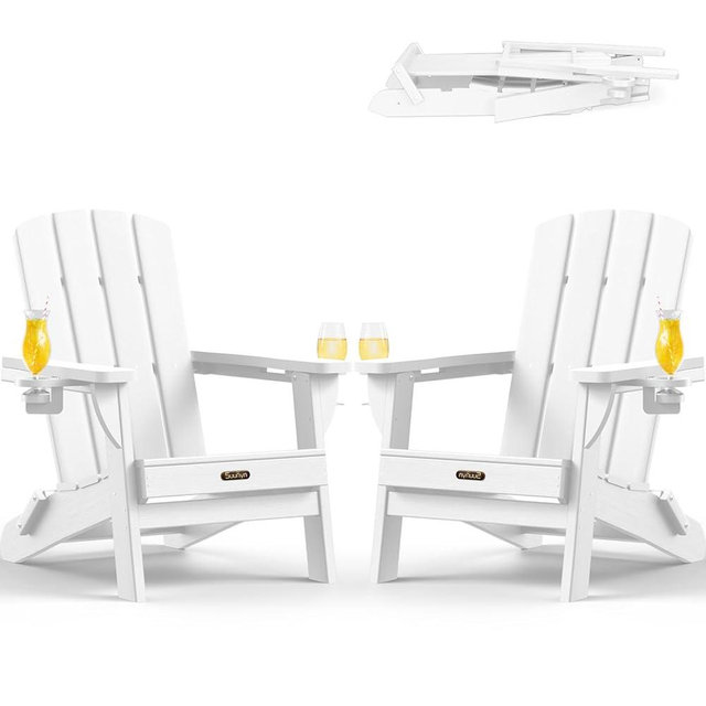 SUUNYN Folding Adirondack Chair 2 Pack, HDPE All-Weather Fire Pit Chairs, Plastic Adirondack Chairs with 2 Cup Holder, Outdoor Lawn Chair for Patio Garden (White)