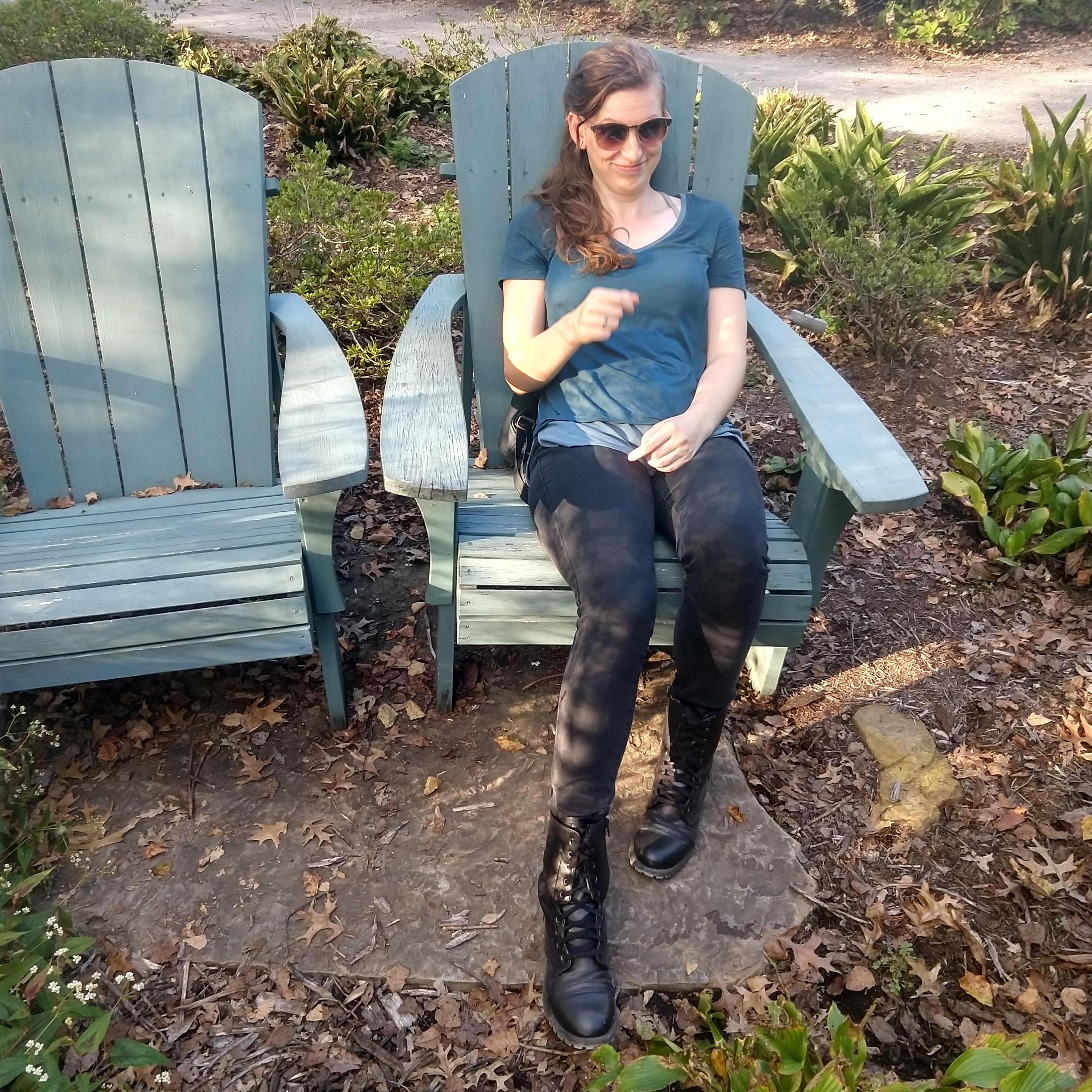We were taking a walk to the University of Tennessee botanic garden. The garden featured a small Japanese style shrine, which was interesting. Libbi is making face. (10/14/2019, Knoxville, TN)
