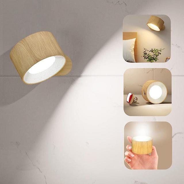 Deyagoo LED Wall Sconce, Wall Mounted Lamp with Rechargeable Battery Operated USB Port 3 Color Temperature & 3 Brightness Level 360°Rotate Magnetic Ball, Cordless Wall Light for Reading Bedside-Wood