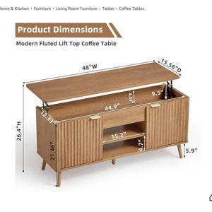 LEYAOYAO 48" Fluted Lift Top Coffee Table with Hidden Storage & Adjustable Shelves, Lifting Tabletop Large Rectangular Coffee Tables, Mid Century Modern Wood Center Table for Living Room, Brown