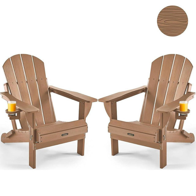 Ciokea Folding Adirondack Chair 2 Pack, Patio Adirondack Chair Weather Resistant, Plastic Fire Pit Chair with Cup Holder, Lawn Chair for Outdoor Porch Garden Backyard Deck (Teak)