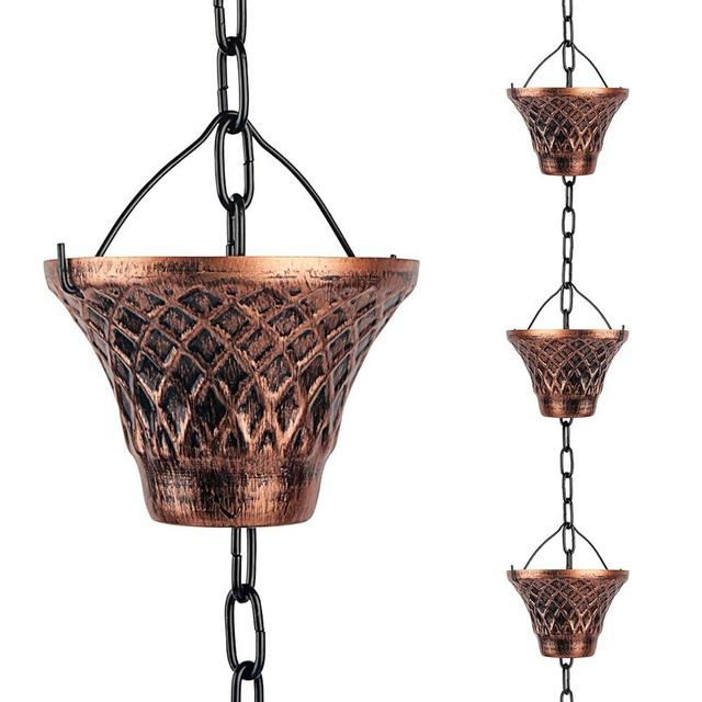 Adorafur Rain Chains for Gutters Outside 8.5FT Copper Rain Catcher Chain with 12 Cups Decorative Replacement for Downspout