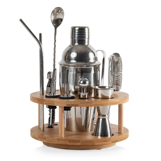 PICNIC TIME Lazy Susan Bar Tool Set, 12-piece Bartender Kit in Lazy Susan, Cocktail Set in Round Wooden Turntable, Mixology Bartender Set in Bamboo Turntable Organizer, (Bamboo with Silver Accents)
