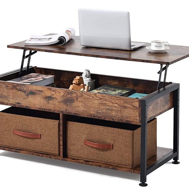 Lift Top Coffee Table, Coffee Table with 2 Storage Boxes & Hidden Compartment, Center Table for Living Room, with Storage Shelf and Metal Frame, Wooden Lift Tabletop, Modern Retro Central Table