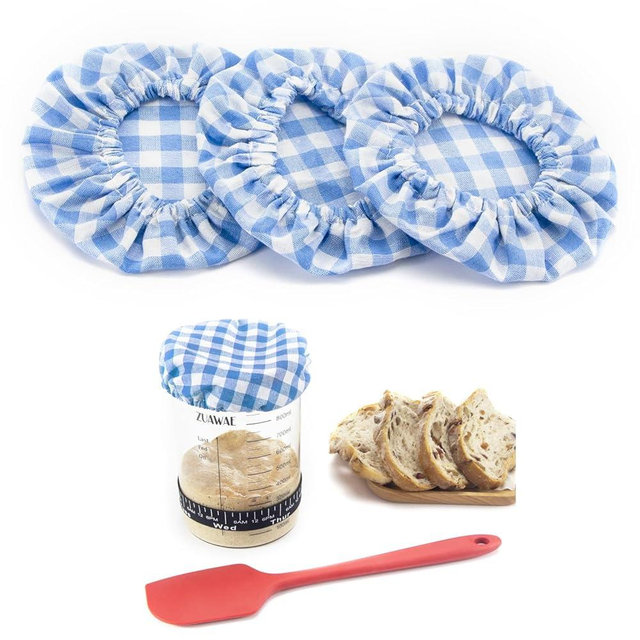 Sourdough Jar Cover, Reusable Sourdough Cloth Cover, 3pc Handmade Cotton Cloth Covers for Sourdough Starter Jar Sourdough Bread Baking Supplies Fit Jars Mouth from 3-4 Inch (Blue Plaid)