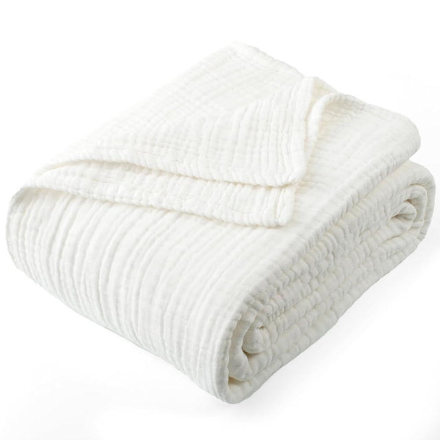 Carriediosa 100% Cotton Muslin Throw Blanket 90" X 90" Queen Size，4-Layers Summer Gauze Throws for Bed Couch，Soft Lightweight Breathable Linen Blankets Bedspread for Adults All Season，White