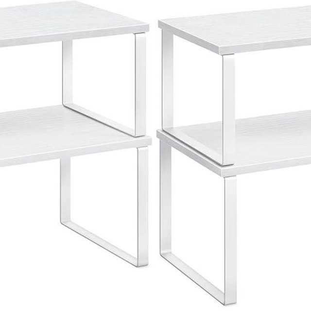 SONGMICS Cabinet Organizer Shelf, Set of 2 Kitchen Counter Shelves, Kitchen Storage, Spice Rack, Stackable, Expandable, Metal and Engineered Wood, Cloud White and Snow White UKCS02W01 (Pack of 2)