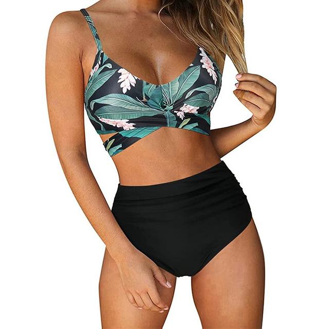 RUUHEE Women Criss Cross High Waisted String Floral Printed 2 Piece Bathing Suits