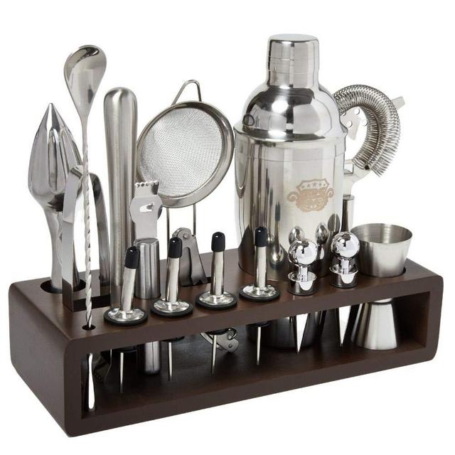 G2S Professional Bartender Kit and Cocktail Shaker Set with Stand - 17 Piece Stainless Steel Home Bar Accessories with Modern Bamboo Stand for Mixology Bartending and Drink Mixing (Brown)