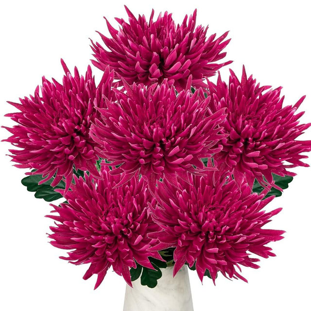 Hollyone 6Pcs Purple-Pink Artificial Mums Flowers Spring Chrysanthemum Flowers 25.6" Long Stem Faux Spider Mum Flower Large Floral Arrangements Bouquets Fake Pincushion Silk Flower Home Decor