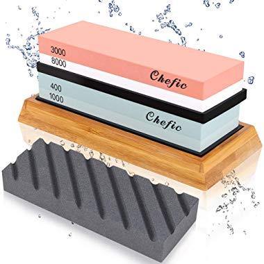 Whetstone Set Premium 2-IN-1 Sharpening Stone 3000/8000 and 400/1000 Grit Waterstone Kit - Knife Sharpener Stone Set Safe Non-Slip Bamboo Base Flattening Stone Included, Polishing Tool for Kitchen